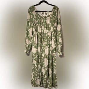 Ava & Viv Sz X Floral Green & White Dress w/ tie back, pockets, cinch waist